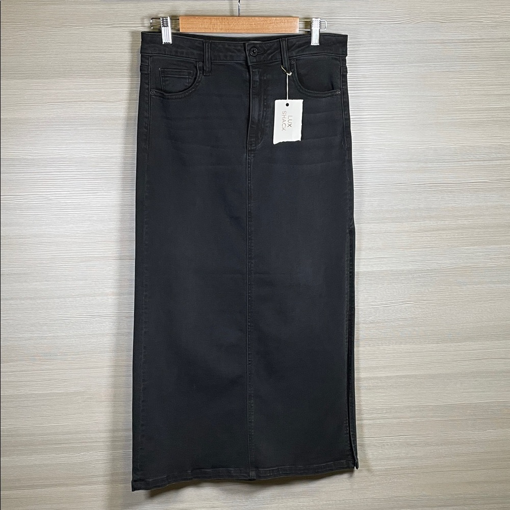 Hidden “Peyton” NWT Black Long Stretch Denim Skirt with High Side Slit | Large